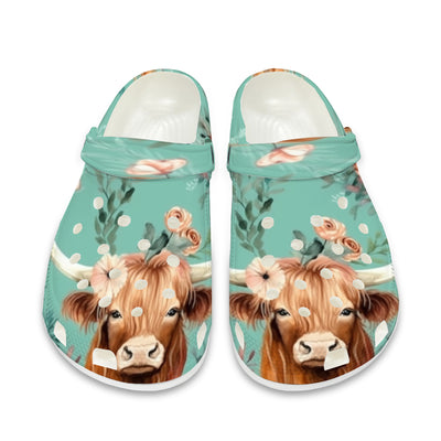 CowLover™ Outdoors Highland Cow Mint Turquoise Slippers Clogs *better than CROCS brand